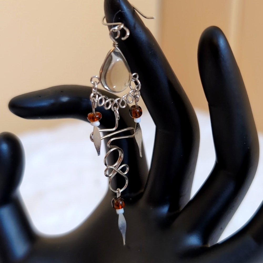 NWOT Amber Colored Glass Bohemian Silver Chandelier Earrings